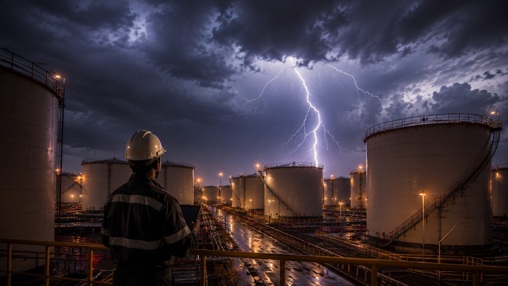 Lightning strike over oil storage tanks